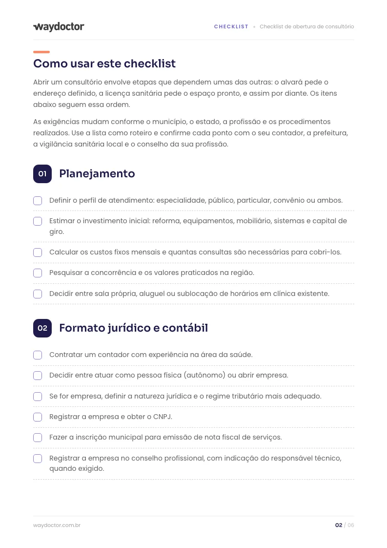 Página interna do material Checklist de abertura de consultório