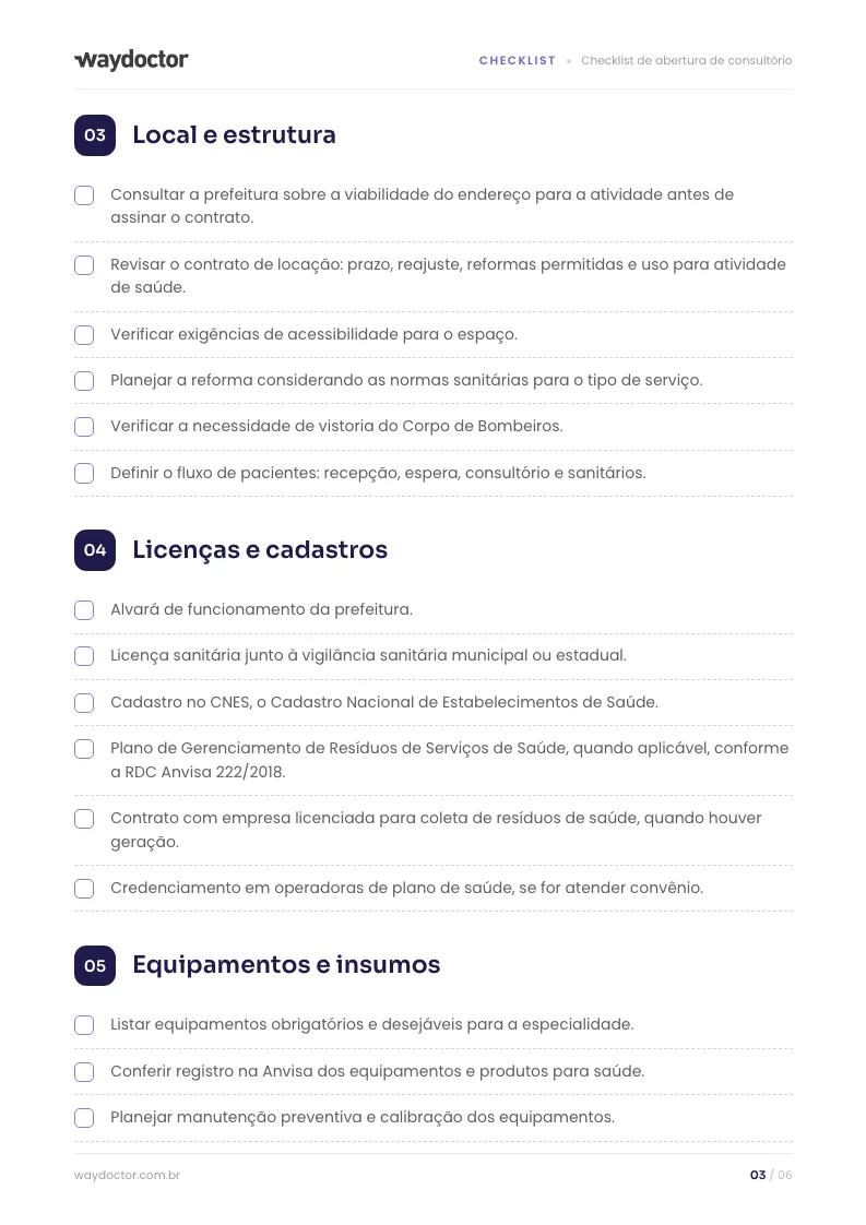 Página interna do material Checklist de abertura de consultório