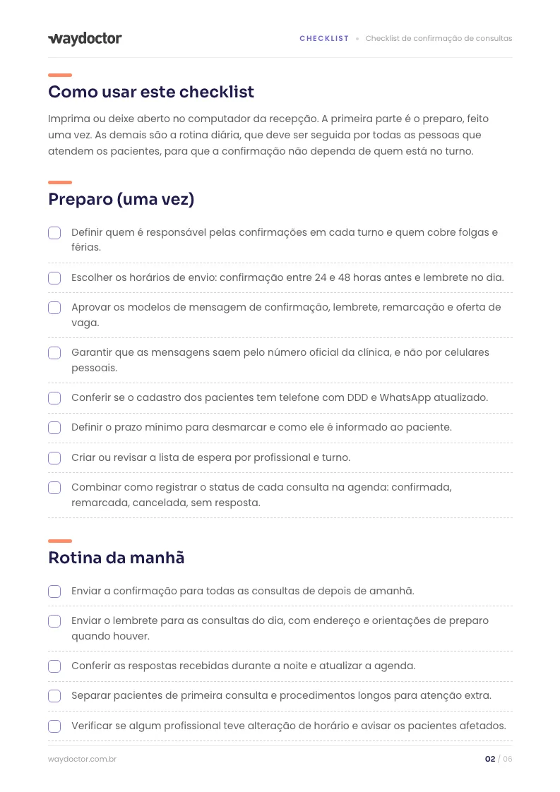 Página interna do material Checklist de confirmação de consultas