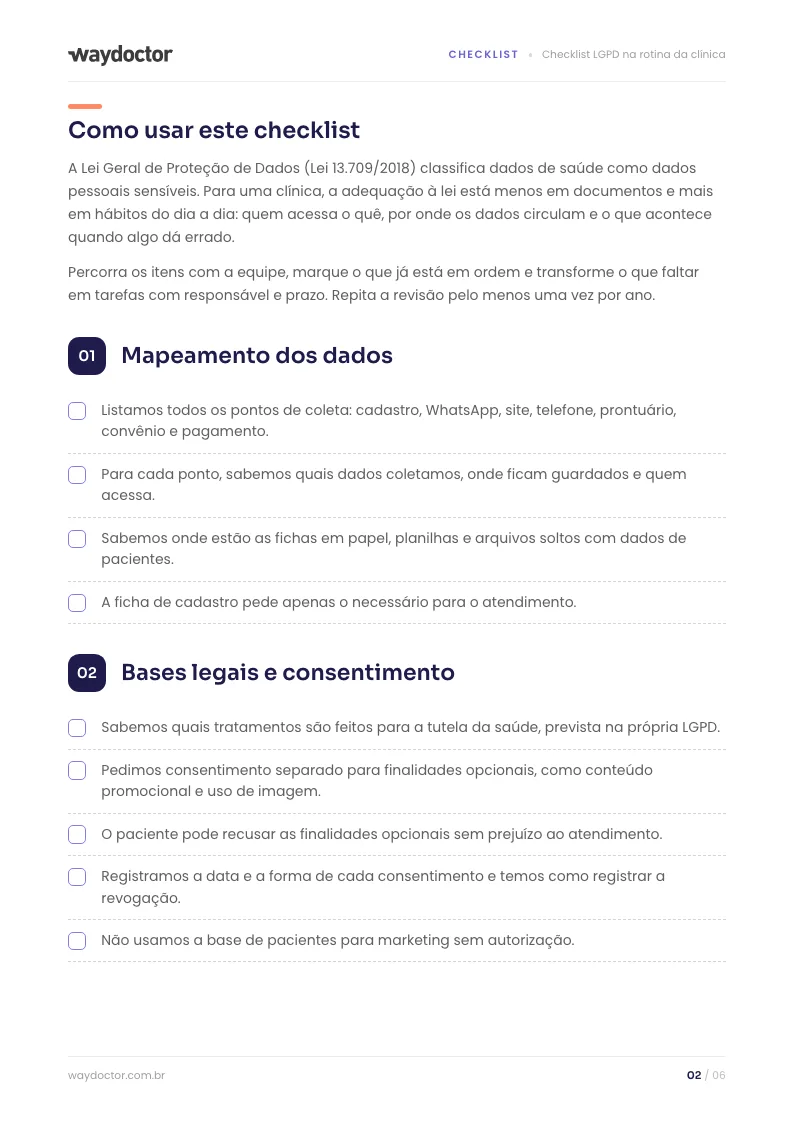 Página interna do material Checklist LGPD na rotina da clínica
