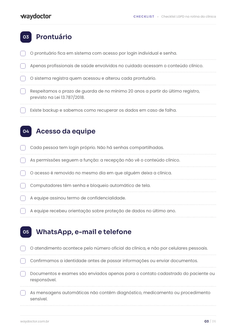 Página interna do material Checklist LGPD na rotina da clínica