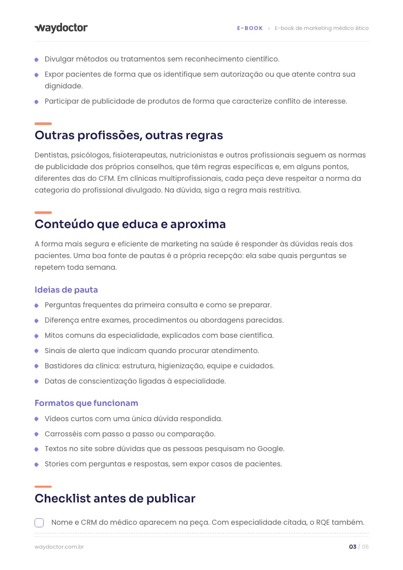Página interna do material E-book de marketing médico ético