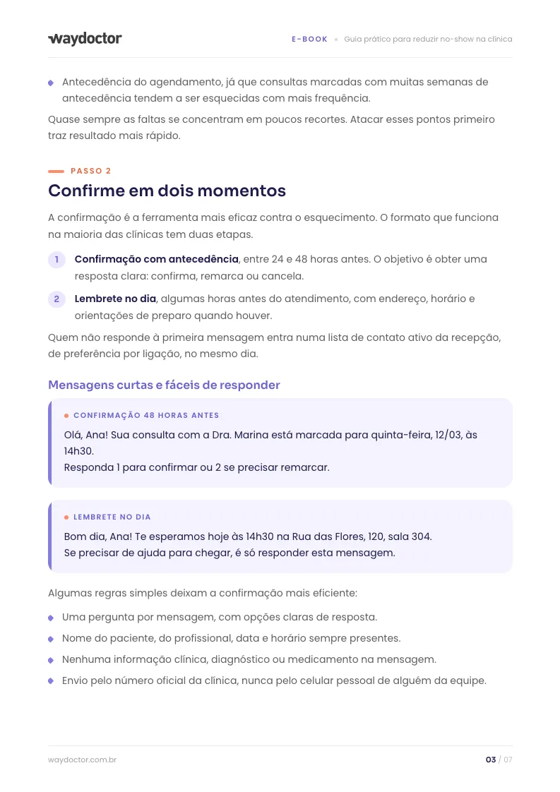 Página interna do material Guia prático para reduzir no-show na clínica