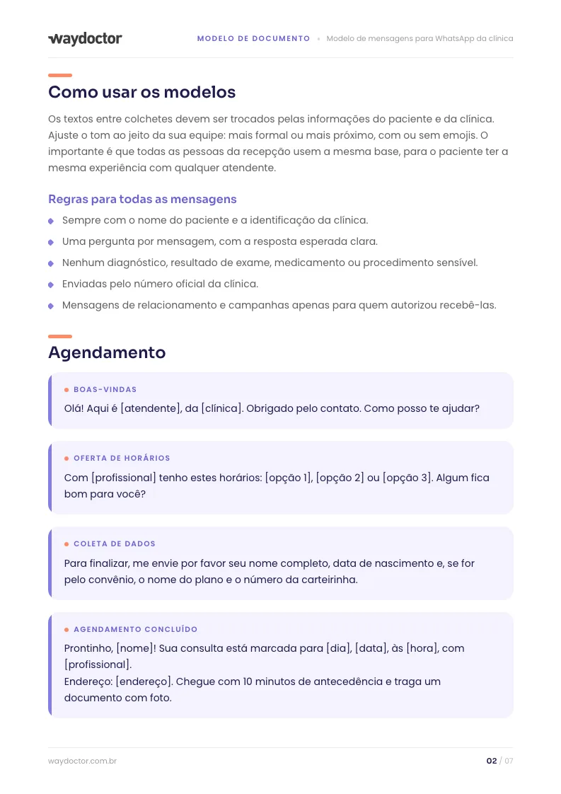 Página interna do material Modelo de mensagens para WhatsApp da clínica