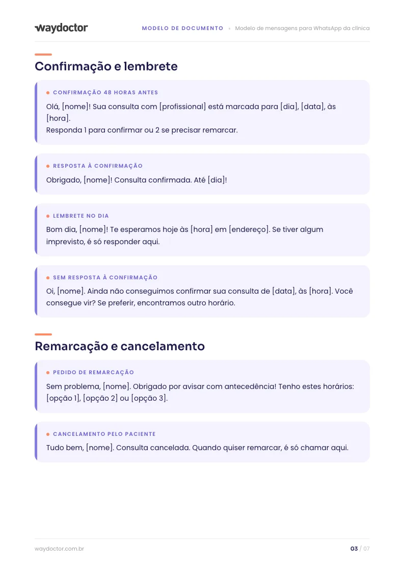 Página interna do material Modelo de mensagens para WhatsApp da clínica