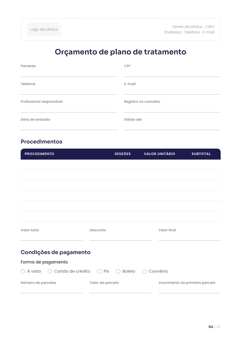 Página interna do material Modelo de orçamento de plano de tratamento