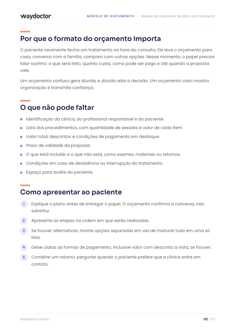 Página interna do material Modelo de orçamento de plano de tratamento