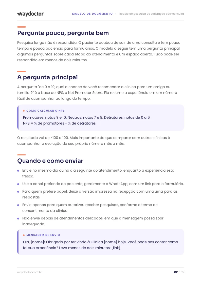 Página interna do material Modelo de pesquisa de satisfação pós-consulta